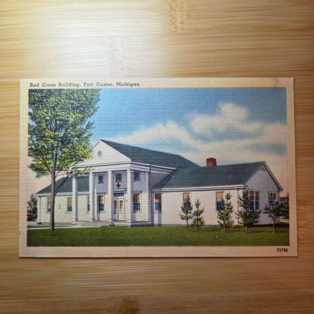 Red Cross Building Fort Custer Michigan Linen Postcard 1943 73795